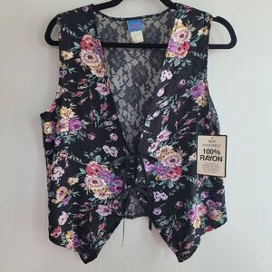 NWT vintage deadstock floral tie front vest with sheer black lace details